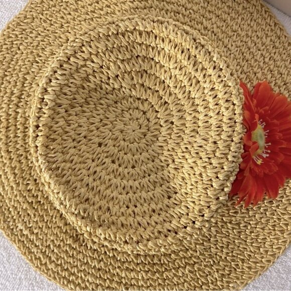 Vintage Woven Paper Straw Wide Floppy Brim Sun Hat Summer Hat With Flower - Picture 7 of 14